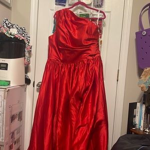 Plus size off the shoulder red satin prom dress or bridesmaid hi slit to thigh